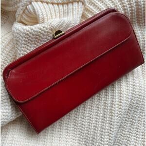 Vintage 1970s Companion Red Leather Clutch Bag Brass Turn Lock